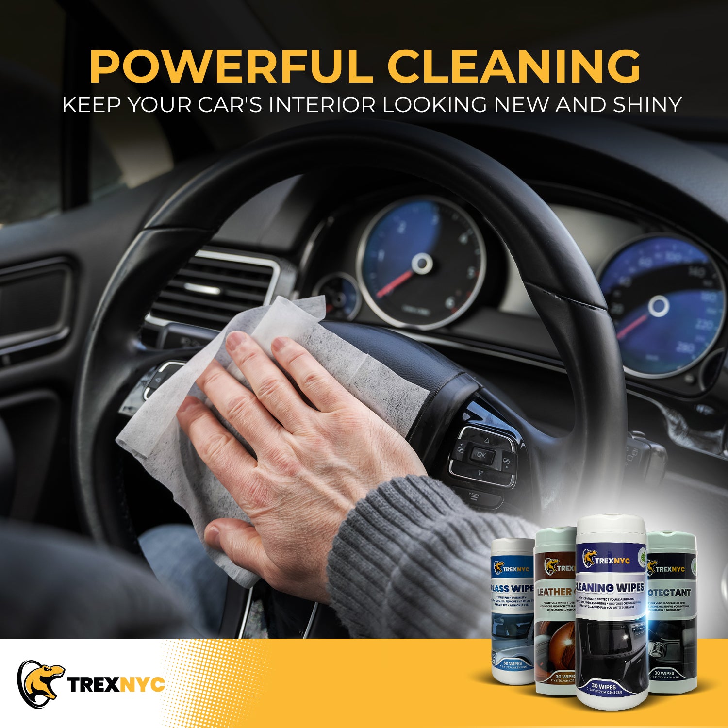 TrexNYC Cleaning Wipes - Interior Car Wipes, All-In-One Car Interior Cleaner